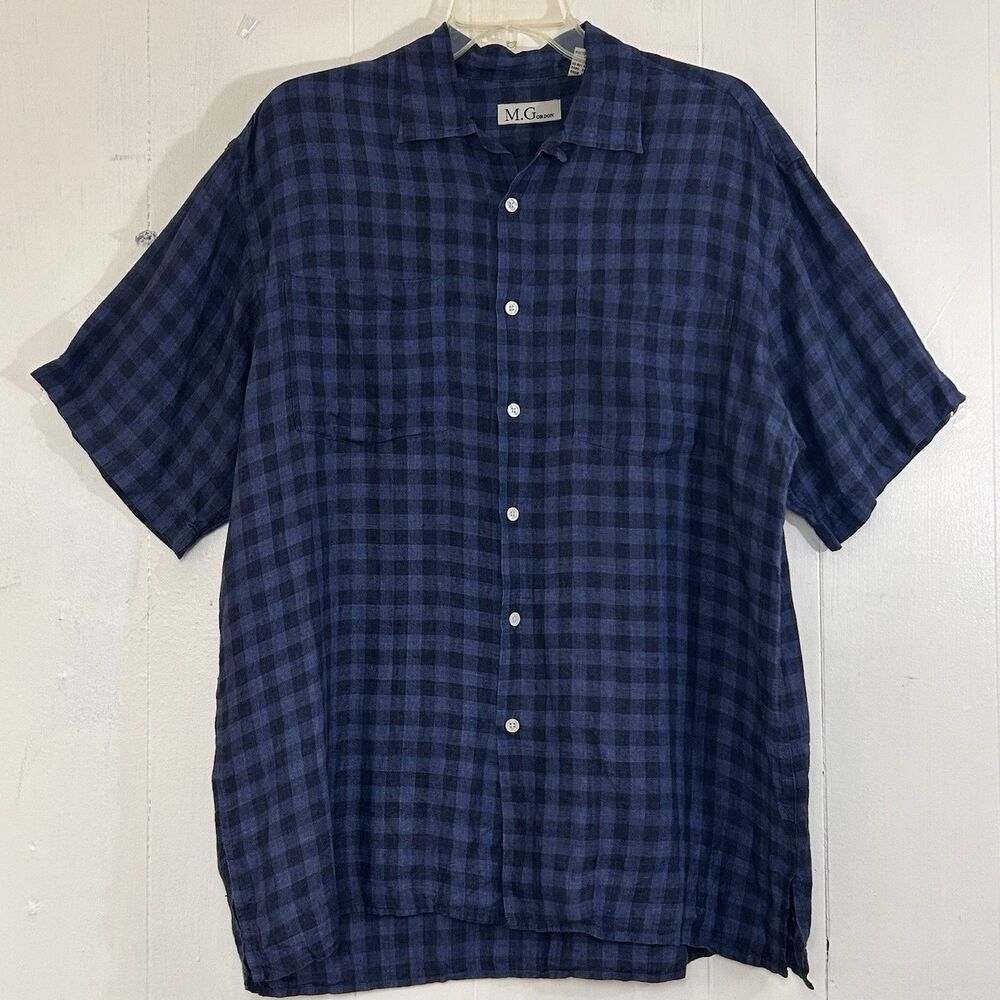 M. Gordon 100% Linen Shirt Men's Size Medium Blue Plaid Short Sleeve Button Down